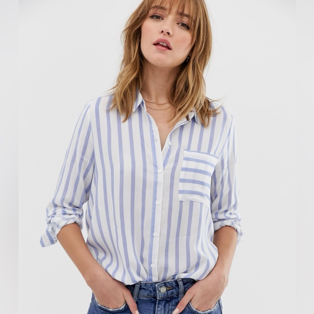 Striped Blue and White Top with Pocket